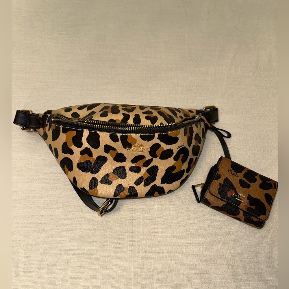 Coach Tan and Black Animal Print Belt Bag and Wallet